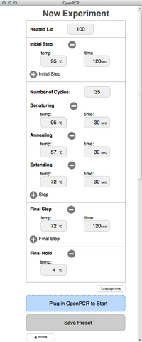 OpenPCR Software Settings.