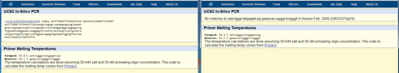 The result of the genome search through the available databse (left showing a match, right showing no result)