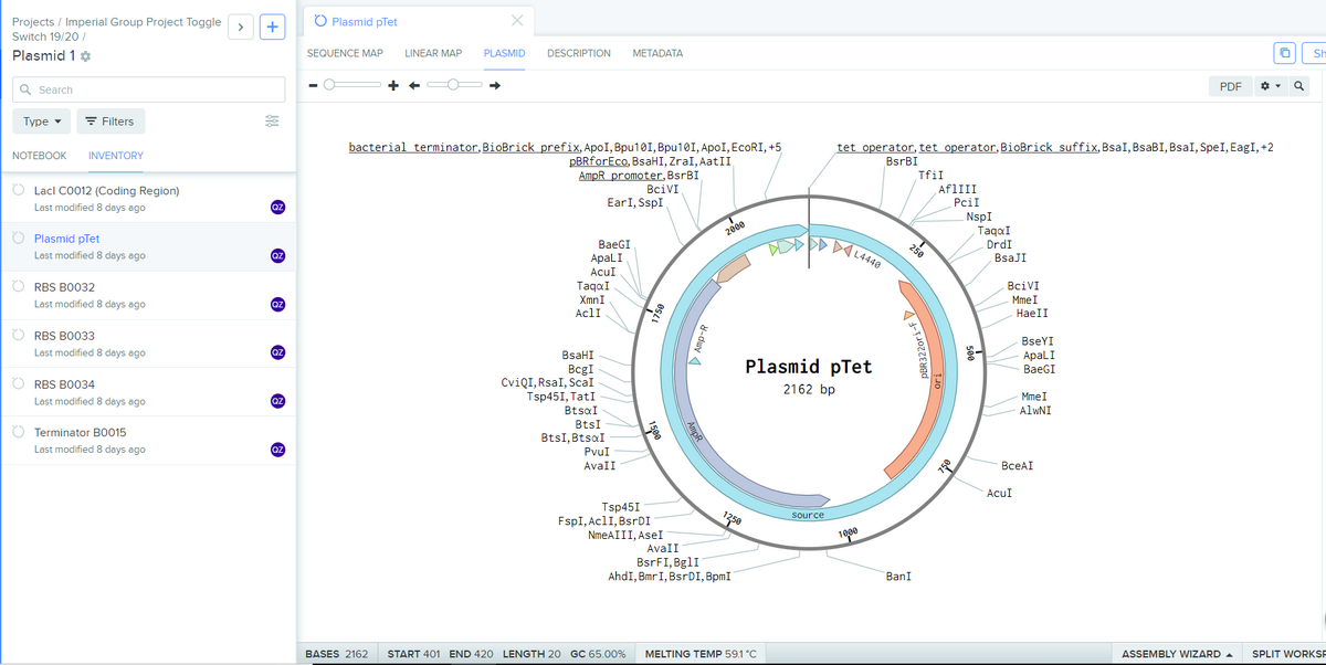 The pTet plasmid part for the first of the plasmids which we will be using
