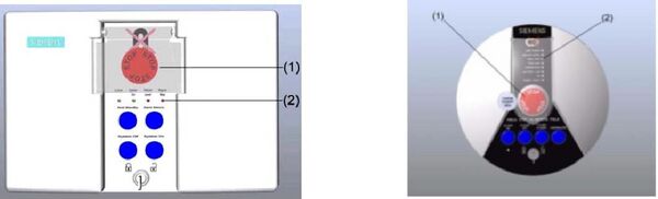 Trio control room quench button is the button labeled “(1)” and Plexi glass cover is labeled "(2)"