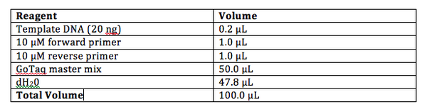 Reagent and Volumes using PCR