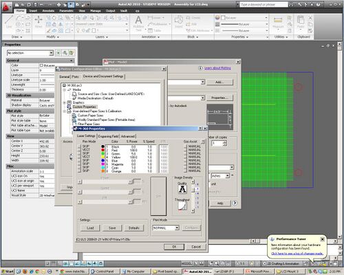 Properties window showing cutting colours and settings