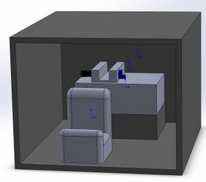 Our final design in which all of the parts of the Fluorimeter setup (the phone stand, the riser for the fluorimeter, and the fluorimeter itself) are all attached to the black box in which you take the pictures of the droplets.